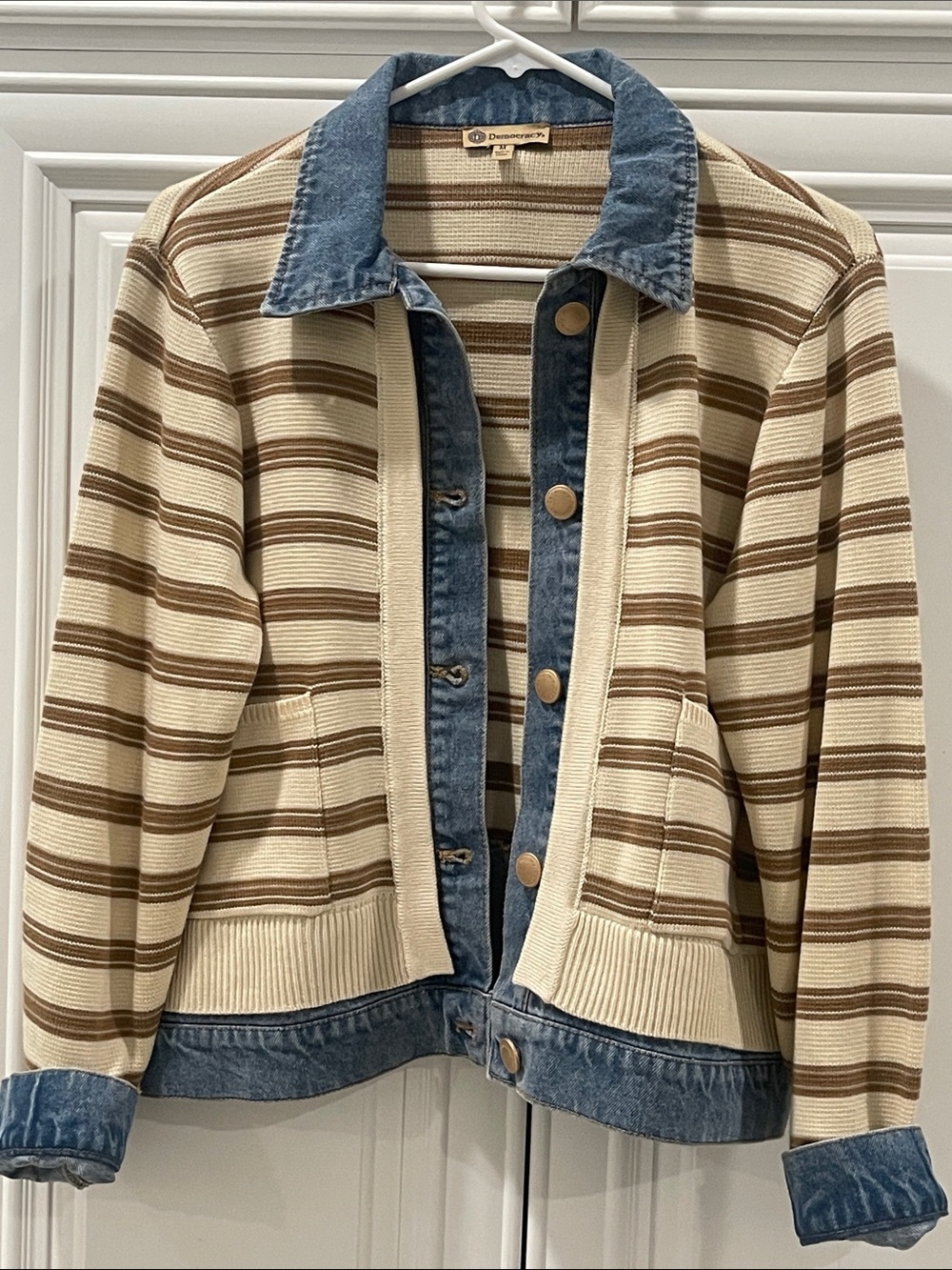 NWT Democracy ivory cream Striped Knit Jacket with Blue Denim Trim